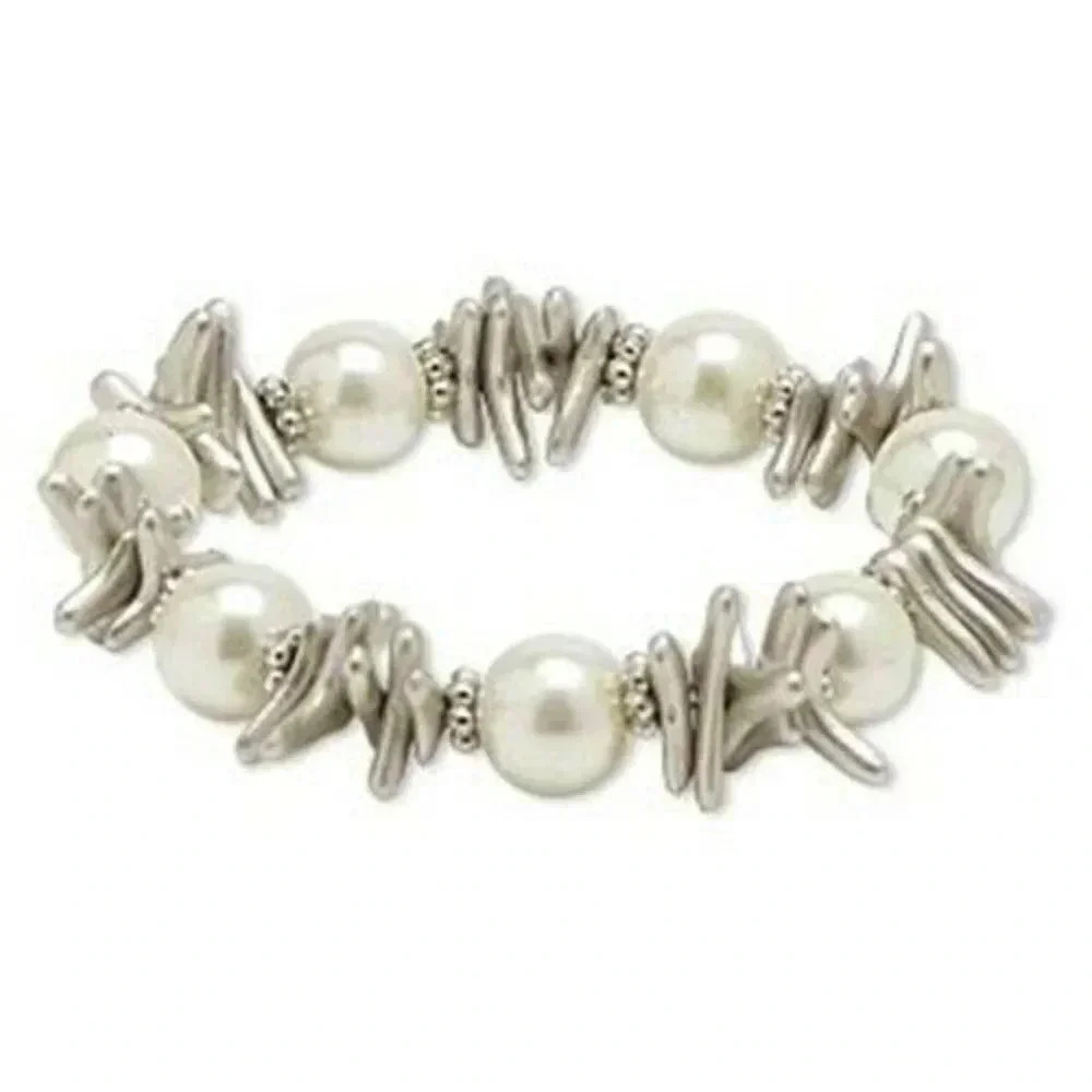Edgy Silver and White Glass Pearl Baroque Stick Beads Stretch Bracelet